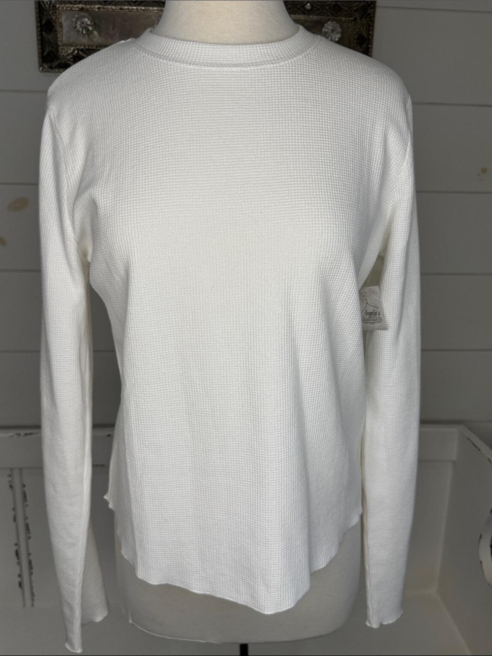 Women's White Waffle Knit Long Sleeve Tee